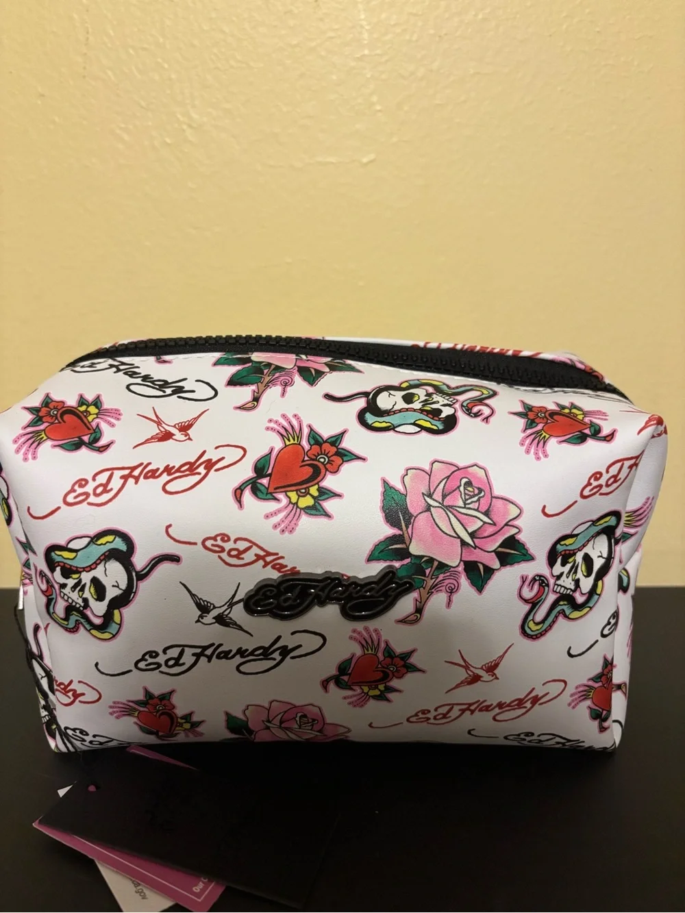 Ed Hardy White & Pink Tattoo Floral Cosmetic Pouch